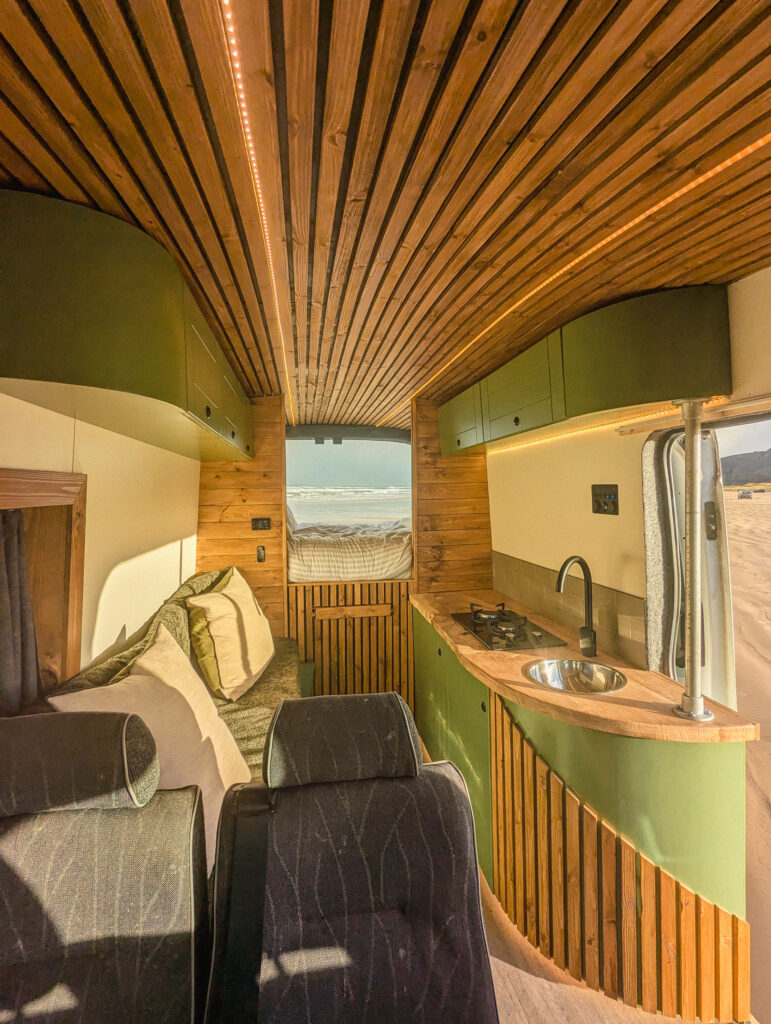 Cozy campervan interior with wood accents