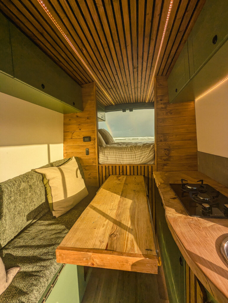 Cozy campervan interior with wood accents