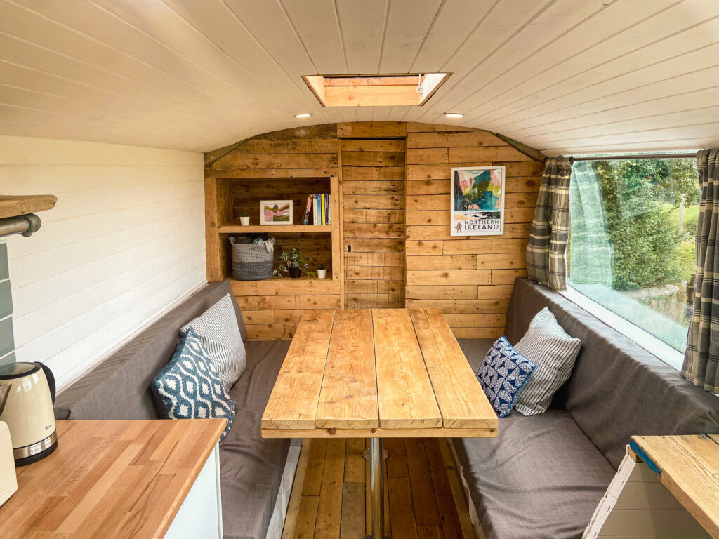 Cozy wooden interior with dining area